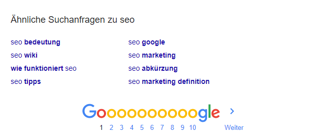 The “related searches for seo” box at the bottom of a German Google results page, with terms such as “seo bedeutung”, “seo tipps” and “seo marketing”