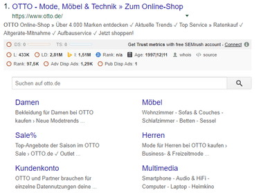 German Google search result for OTTO with page title, URL, meta description and sitelinks to categories such as women, furniture, sale and men.