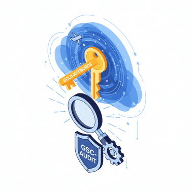 Illustration: magnifying glass and key above a shield labelled “GSC-Audit”, representing the SEO needs analysis