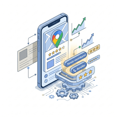 Illustration: smartphone showing a Google Maps listing with star ratings and rising charts around the business profile