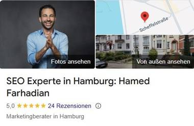Google Business Profile “SEO Experte in Hamburg: Hamed Farhadian” with photo, map section and a 5.0 star rating