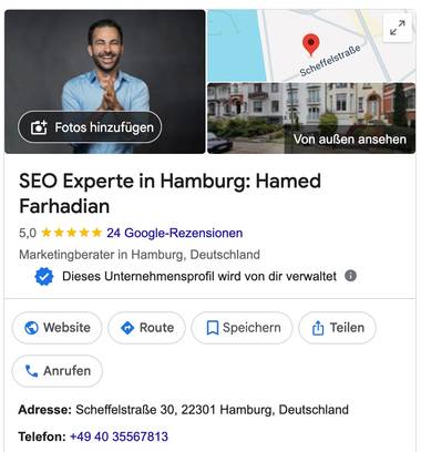 Google Business Profile (German interface) “SEO Experte in Hamburg: Hamed Farhadian” with photo, map excerpt, 5.0 stars, category marketing consultant, buttons for website, directions, save, share and call, plus address and phone number.