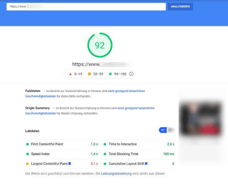 Close-up of Google PageSpeed Insights: score 92, lab data with First Contentful Paint 1.0 s, Speed Index 1.4 s, Largest Contentful Paint 3.1 s, Time to Interactive 2.6 s, Total Blocking Time 160 ms and Cumulative Layout Shift 0