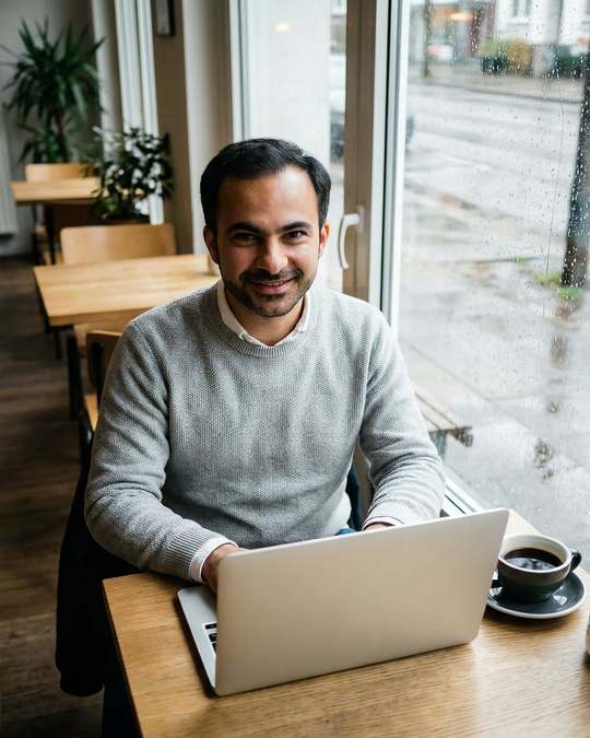 Hamed Farhadian im grauen Pullover sitzt mit Laptop und Kaffee am Fenster eines Cafés und lächelt in die Kamera.