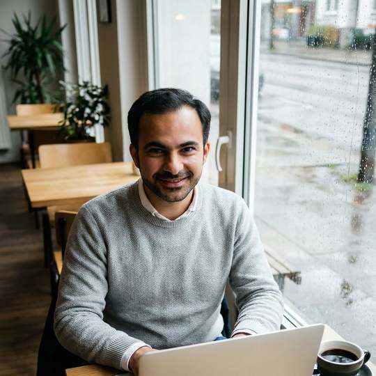 Hamed Farhadian im grauen Pullover sitzt mit Laptop und Kaffee am Fenster eines Cafés und lächelt in die Kamera.
