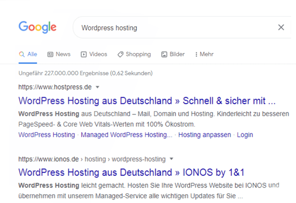 Google results page for the search “Wordpress hosting”: hostpress.de is the first organic result, ahead of IONOS