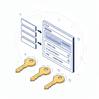 Illustration: simple category pages being built out into a landing page with an intro, bullet points, FAQ and terms