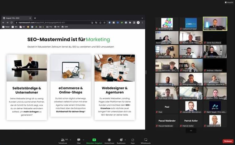 Screenshot of an online event (German slides): on the left a slide titled “SEO-Mastermind ist für Marketing” with three target groups, on the right the video tiles of many participants.