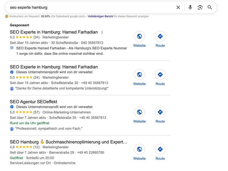 German Google search for “seo experte hamburg”: an ad at the top, below it local listings with ratings, address, website and directions buttons, including Hamed Farhadian’s business profile.
