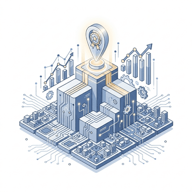 Illustration: city district with a location pin and rising charts, representing regular local monitoring