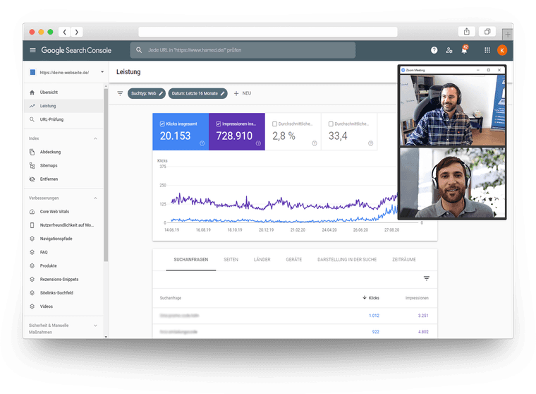 Online session: shared screen showing Google Search Console, with Hamed Farhadian and a client on a video call