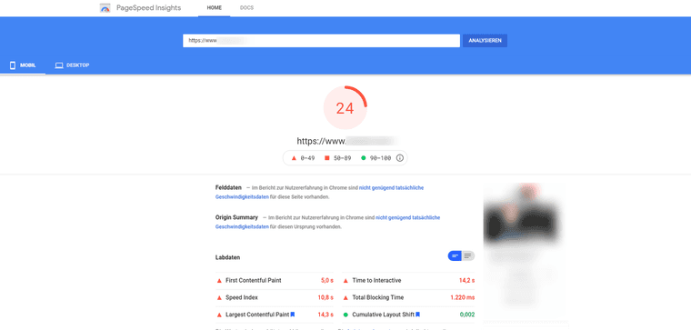 Google PageSpeed Insights, mobile view: a score of 24 out of 100 in red, with red lab data below, including Largest Contentful Paint at 14.3 seconds and Total Blocking Time at 1,220 milliseconds