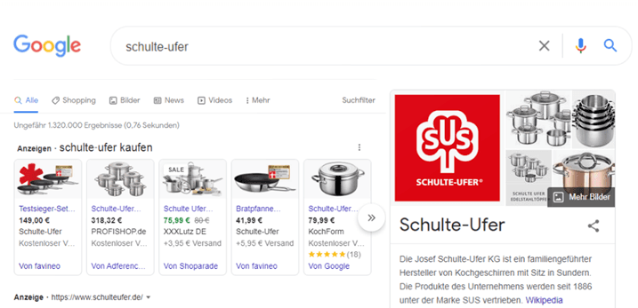 Google-Suche nach „schulte-ufer“ mit Shopping-Anzeigen und dem Unternehmensprofil der Josef Schulte-Ufer KG
