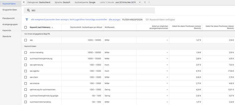 Keyword ideas for “seo” in Google Keyword Planner with columns for average monthly searches, competition and bids, including “seo agentur”, “seo check” and “seo analyse”