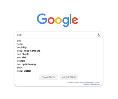 Google’s home page with “seo” in the search box and suggestions below such as “seo check”, “seo optimierung” and “seo kiel”
