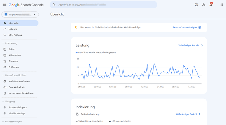 Overview page of Google Search Console (German interface) showing the performance chart for clicks from web search and the indexing section.