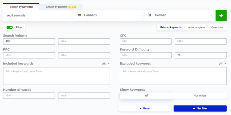 KWFinder filter panel for “seo keywords”: search volume at least 400, keyword difficulty at most 29