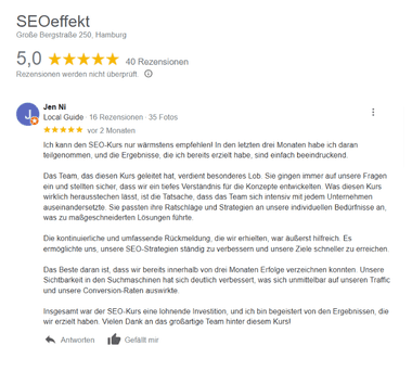 Google profile of SEOeffekt (German interface) with 5.0 stars and a detailed five-star review from a client who recommends the SEO course and reports first results after three months.