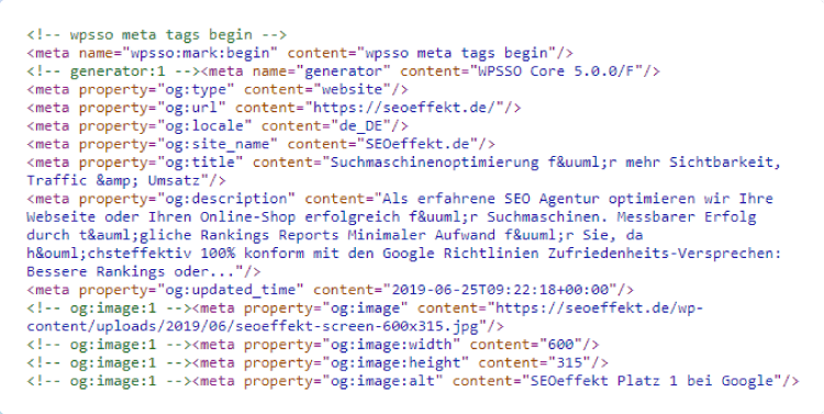 Excerpt from a website’s HTML source code with meta tags for title, description and Open Graph data.