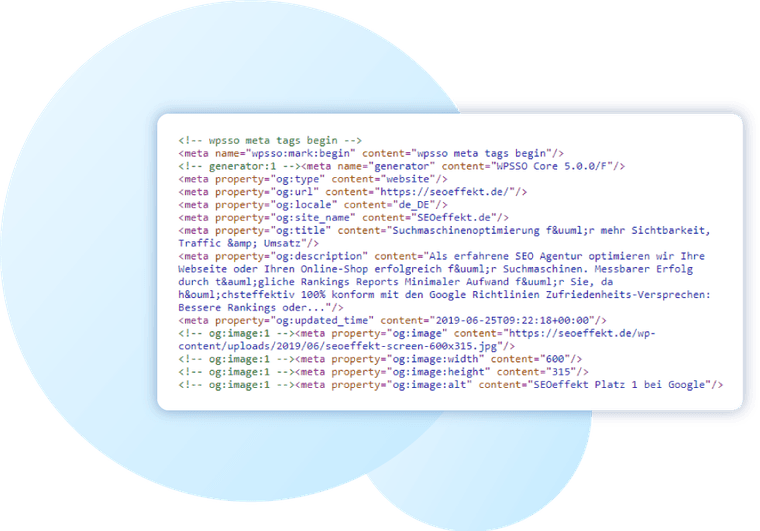 Source code excerpt with a website’s meta tags: title, description and Open Graph data