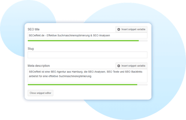 Snippet editor with a page’s SEO title, URL slug and meta description