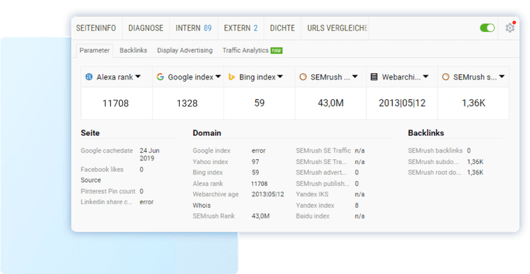 SEO browser toolbar showing indexing, domain and backlink metrics for a website