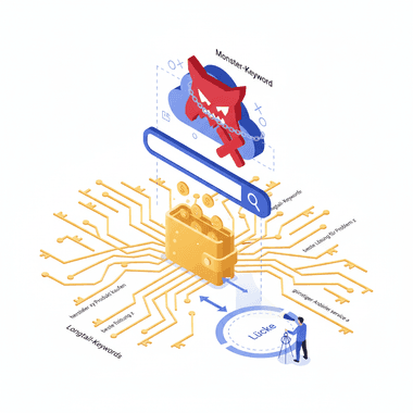 Illustration: a search box branching into long-tail search terms that lead to a shopping basket, with a contested head term crossed out