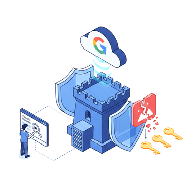 Illustration: a castle with a shield and the Google logo, representing a shop’s technical safety and authority