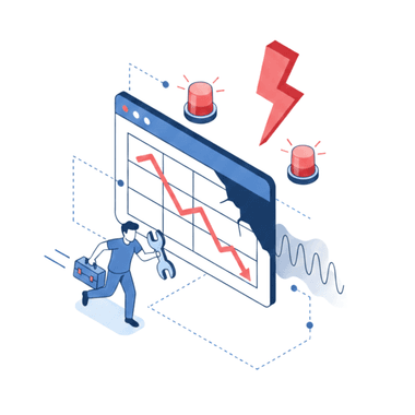 Illustration: a technician repairing a website whose chart is crashing, with warning lights for monitoring