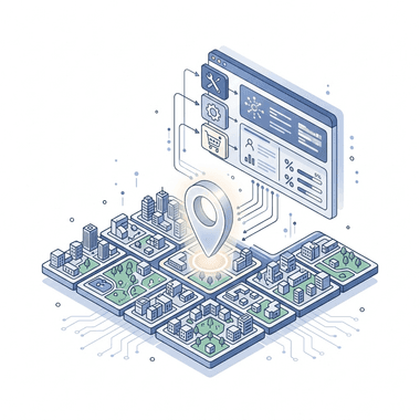 Illustration: city map with a location pin and a landing page with contact options above it