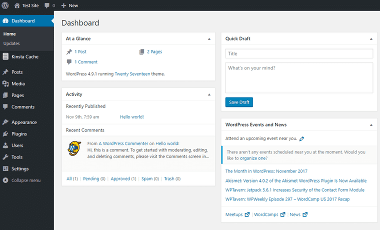 The WordPress dashboard with the menu on the left, overview, activity and quick draft