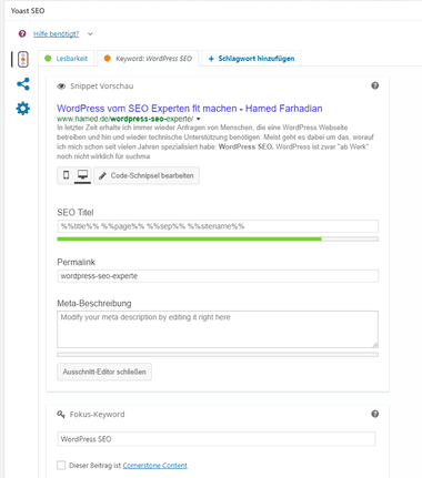 The open Yoast SEO snippet editor (German interface) with fields for SEO title, permalink and meta description below the snippet preview