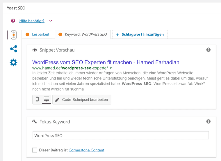 The Yoast SEO box in the WordPress editor (German interface) with a snippet preview reading “WordPress vom SEO Experten fit machen – Hamed Farhadian” and the focus keyword “WordPress SEO”