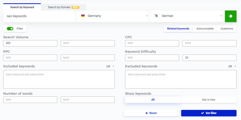 Mit SEO Keyword Tools & Suchbegriffs Planner ganz nach Oben - SEO Tipps vom Experten! - Hamed Farhadian SEO Keyword Finder Filter setzen