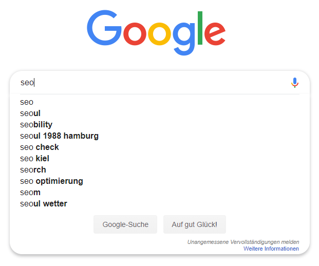 Screenshot Google Suche SEO Autocomplete für Keyword Recherche