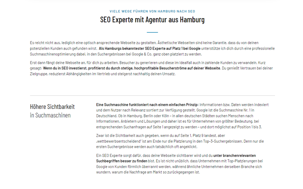 Ein Beispiel für eine Seite mit viel Text. Eine Textwüste liest sich schlecht und der Besucher ist intuitiv dazu verleitet weiter zu klicken oder zu scrollen.